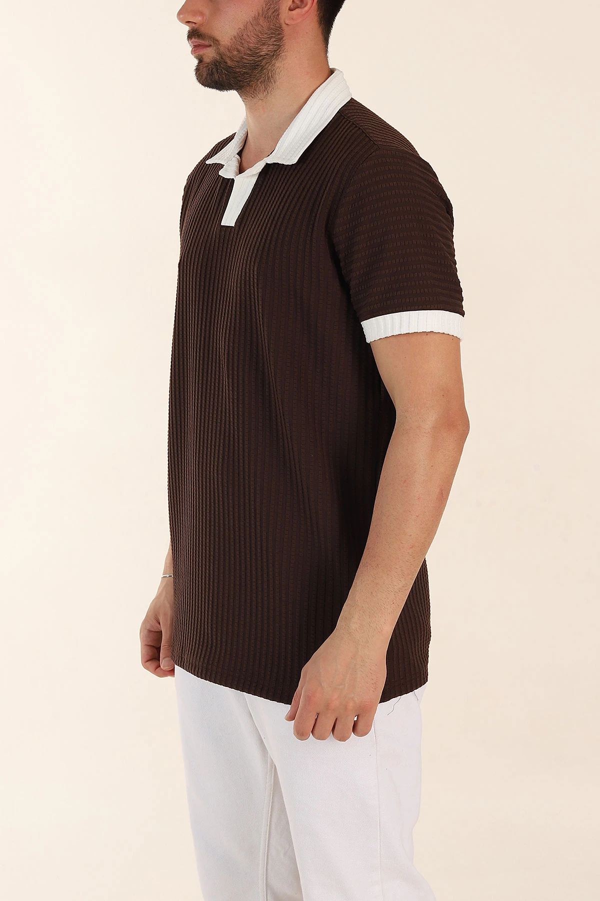 Kahverengi Relaxed Fit Waffle Dokulu Polo Yaka Erkek Tişört 370346