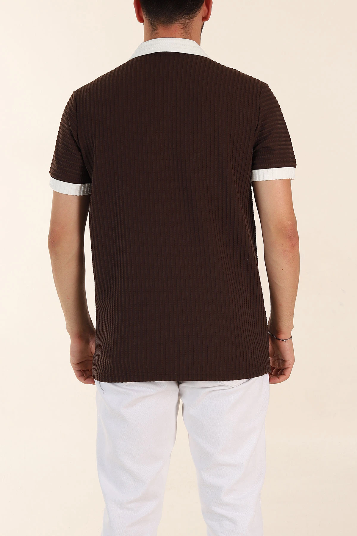 Kahverengi Relaxed Fit Waffle Dokulu Polo Yaka Erkek Tişört 370346