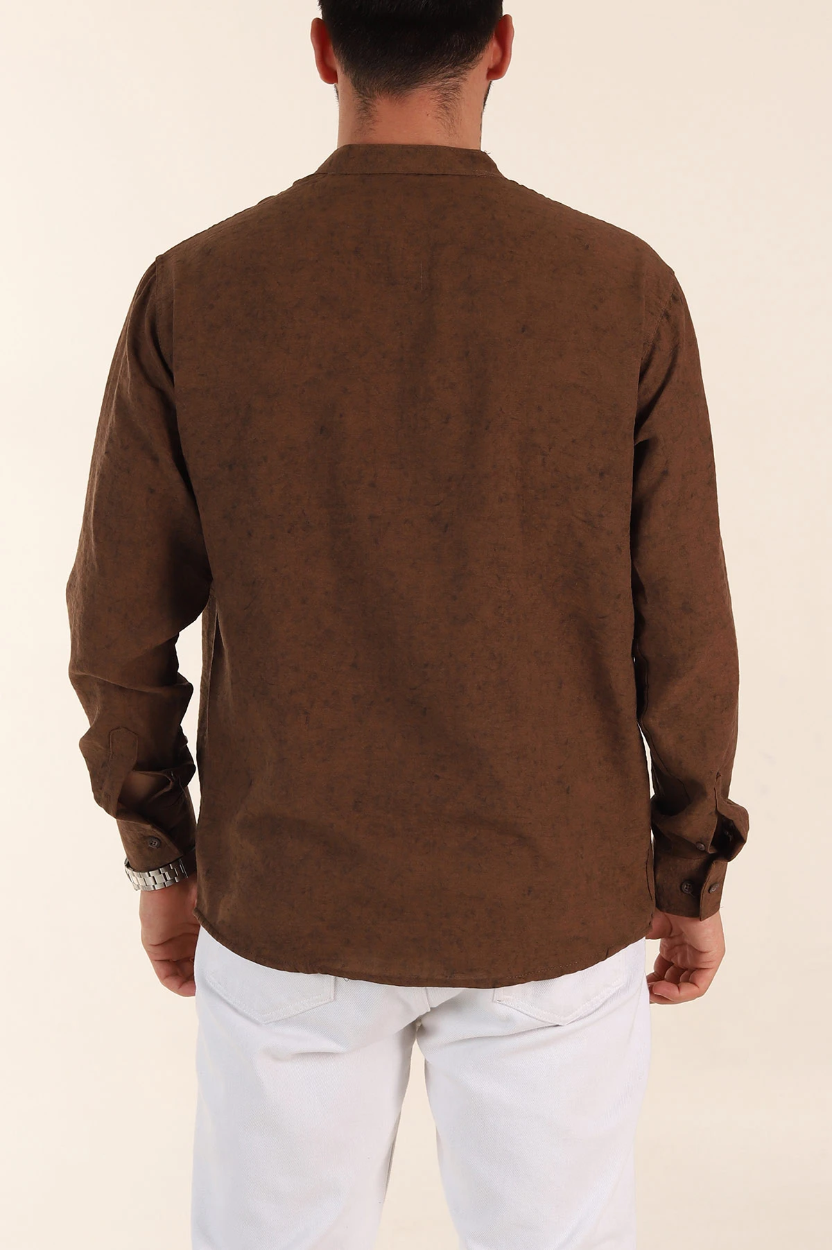 Kahverengi Relaxed Fit Yarım Düğmeli Hakim Yaka Uzun Kollu Erkek Gömlek 369365