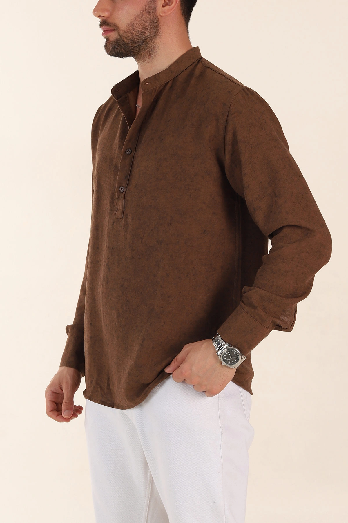 Kahverengi Relaxed Fit Yarım Düğmeli Hakim Yaka Uzun Kollu Erkek Gömlek 369365