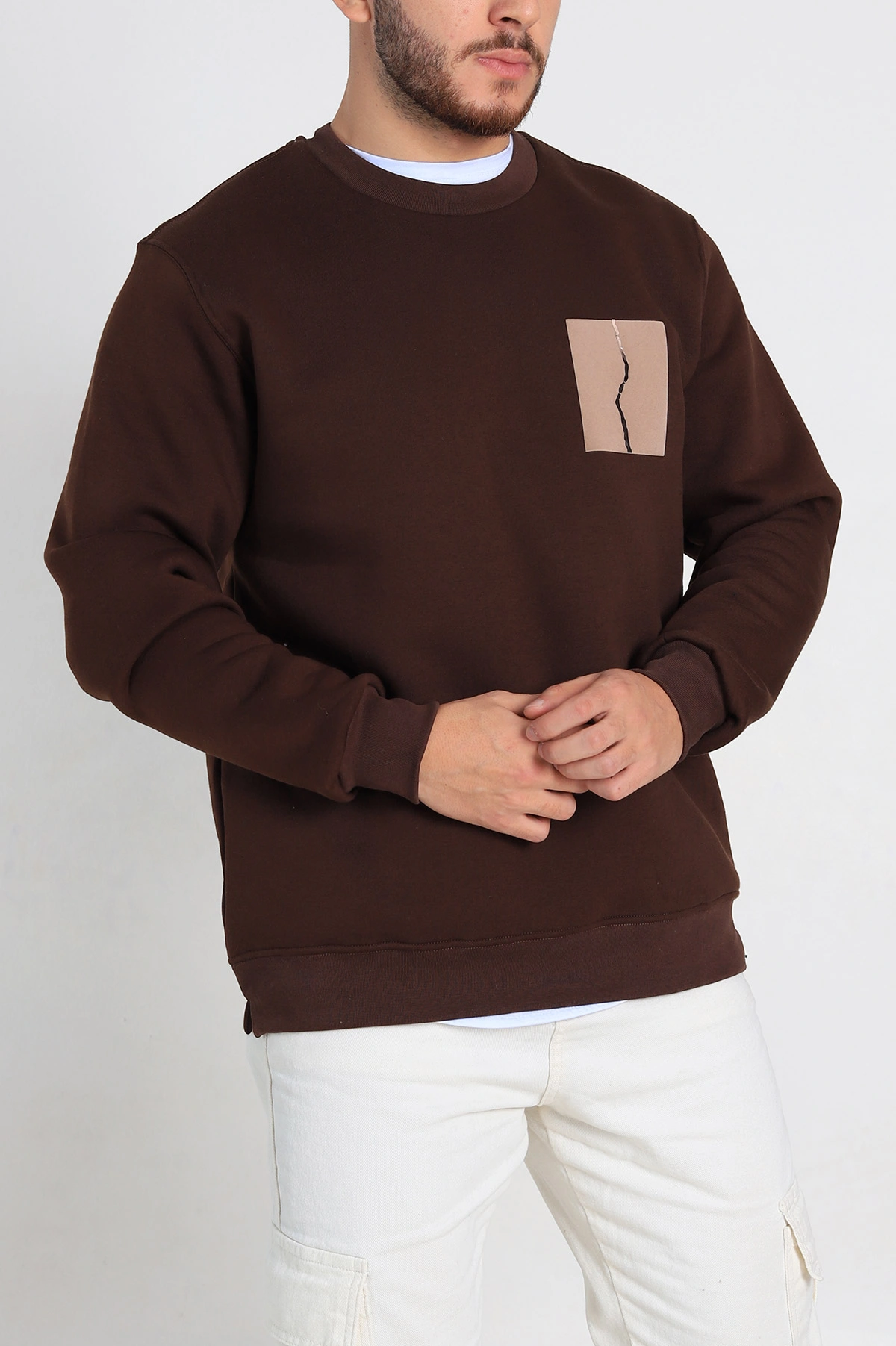 Kahverengi Relaxed Üç İp Şardonlu Baskı Detaylı Erkek Sweatshirt 311192