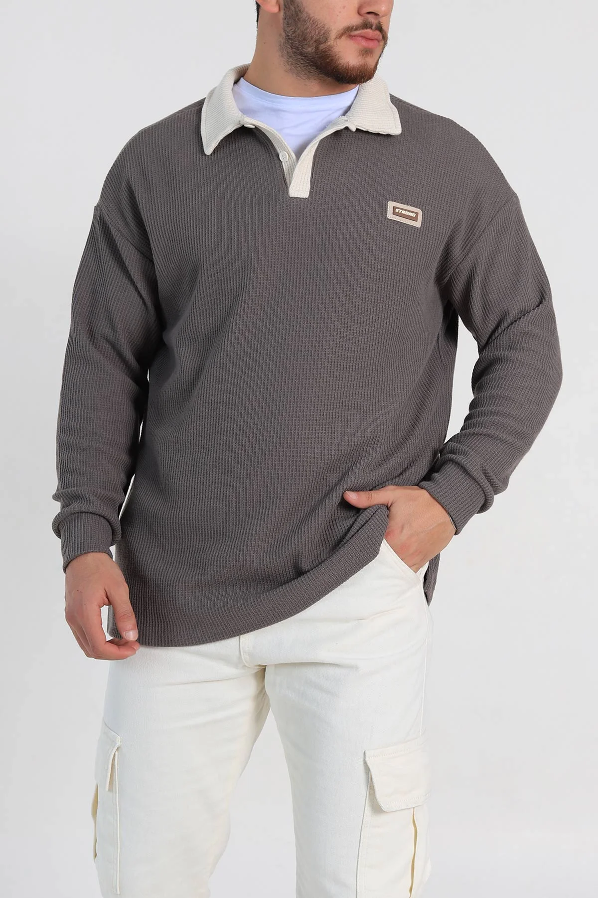 Kahverengi Releaxed Fit Petek Dokulu Polo Yaka Erkek Sweatshirt 315815