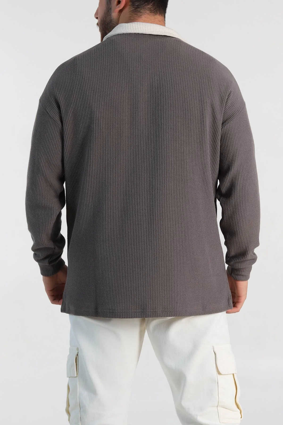 Kahverengi Releaxed Fit Petek Dokulu Polo Yaka Erkek Sweatshirt 315815