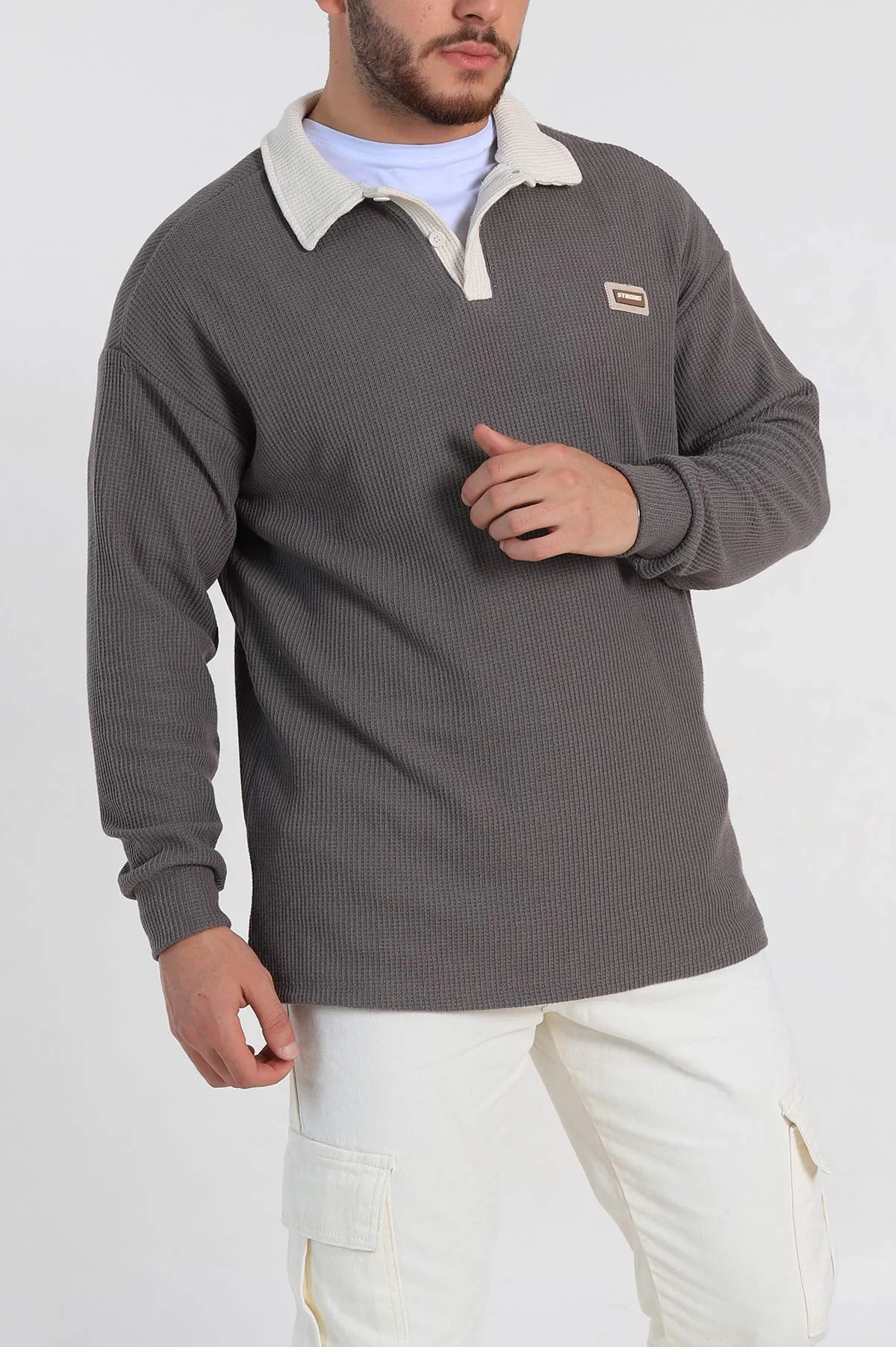 Kahverengi Releaxed Fit Petek Dokulu Polo Yaka Erkek Sweatshirt 315815
