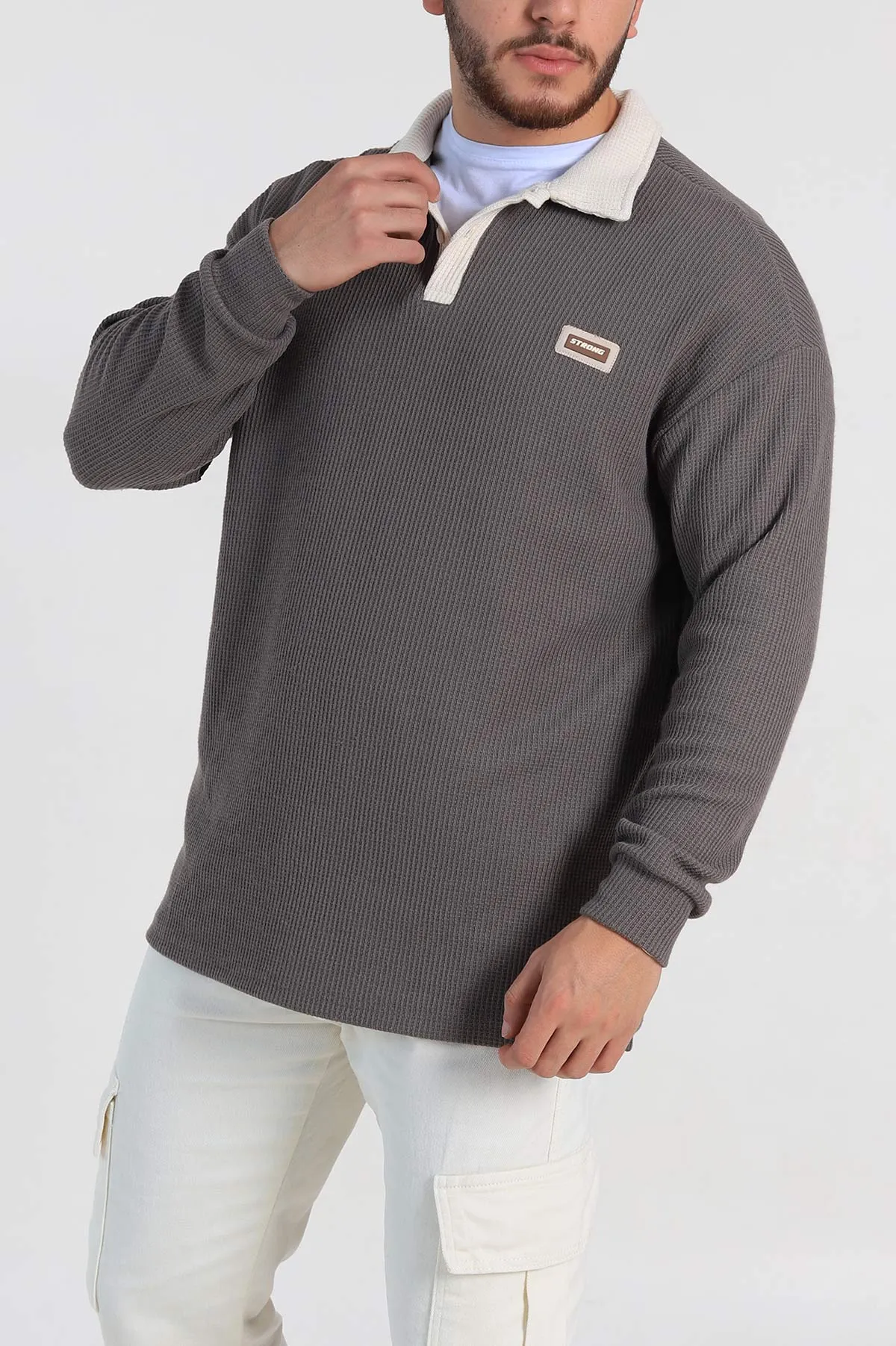Kahverengi Releaxed Fit Petek Dokulu Polo Yaka Erkek Sweatshirt 315815