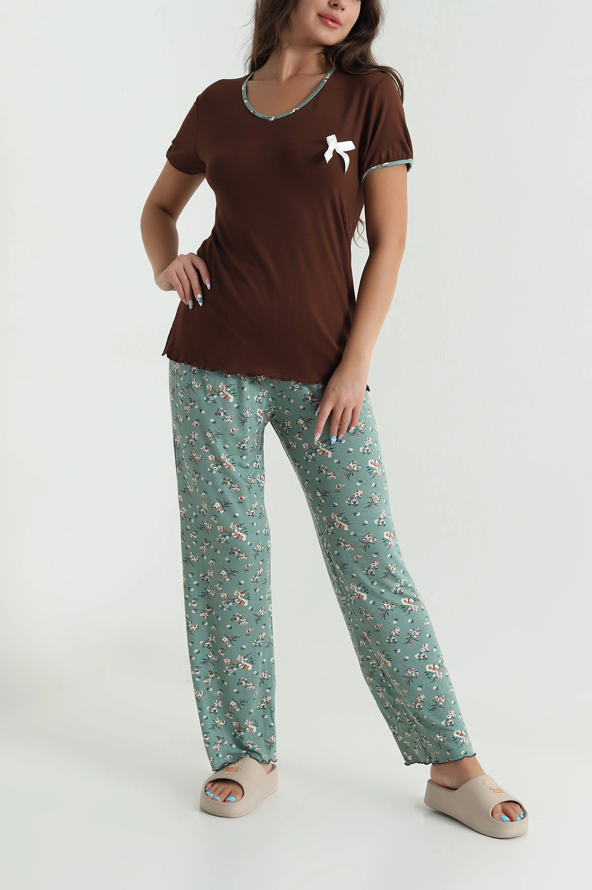 Kahverengi Ring Viskon Kadın Pijama Takımı 479546