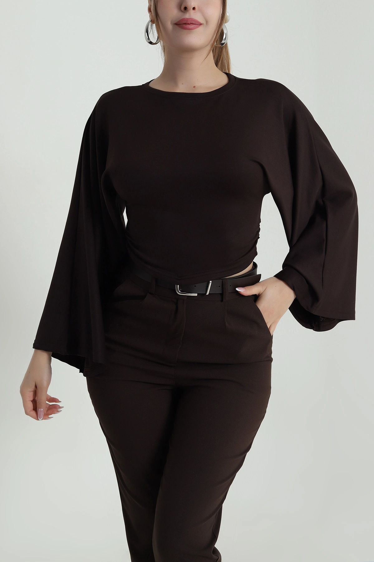 Kahverengi Salaş Kol Kadın Triko Bluz 486324