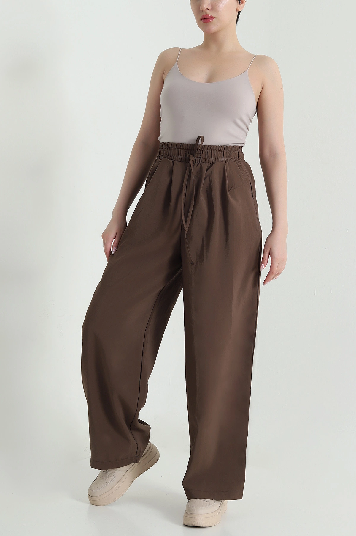 Kahverengi Salaş Pileli Cepli Tencel Kadın Pantolon 462052