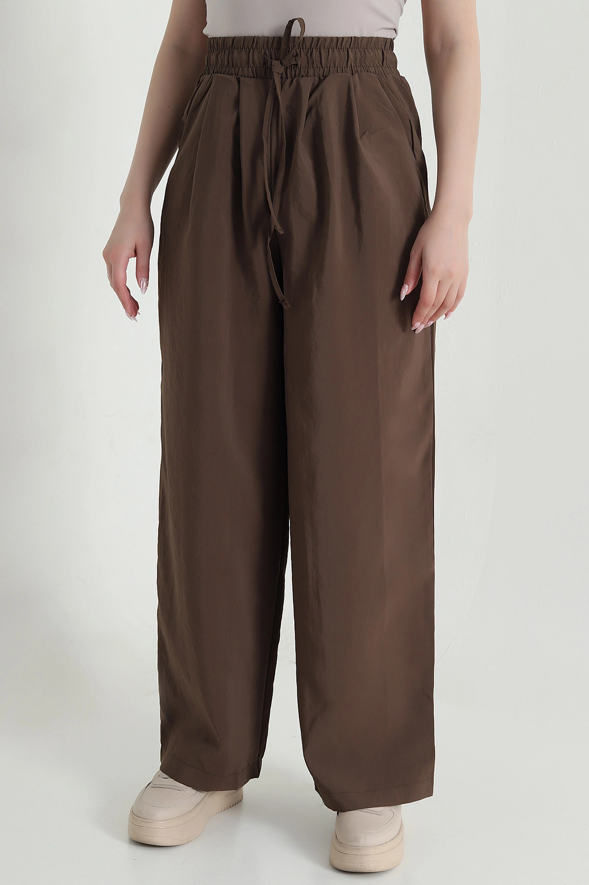 Kahverengi Salaş Pileli Cepli Tencel Kadın Pantolon 462052