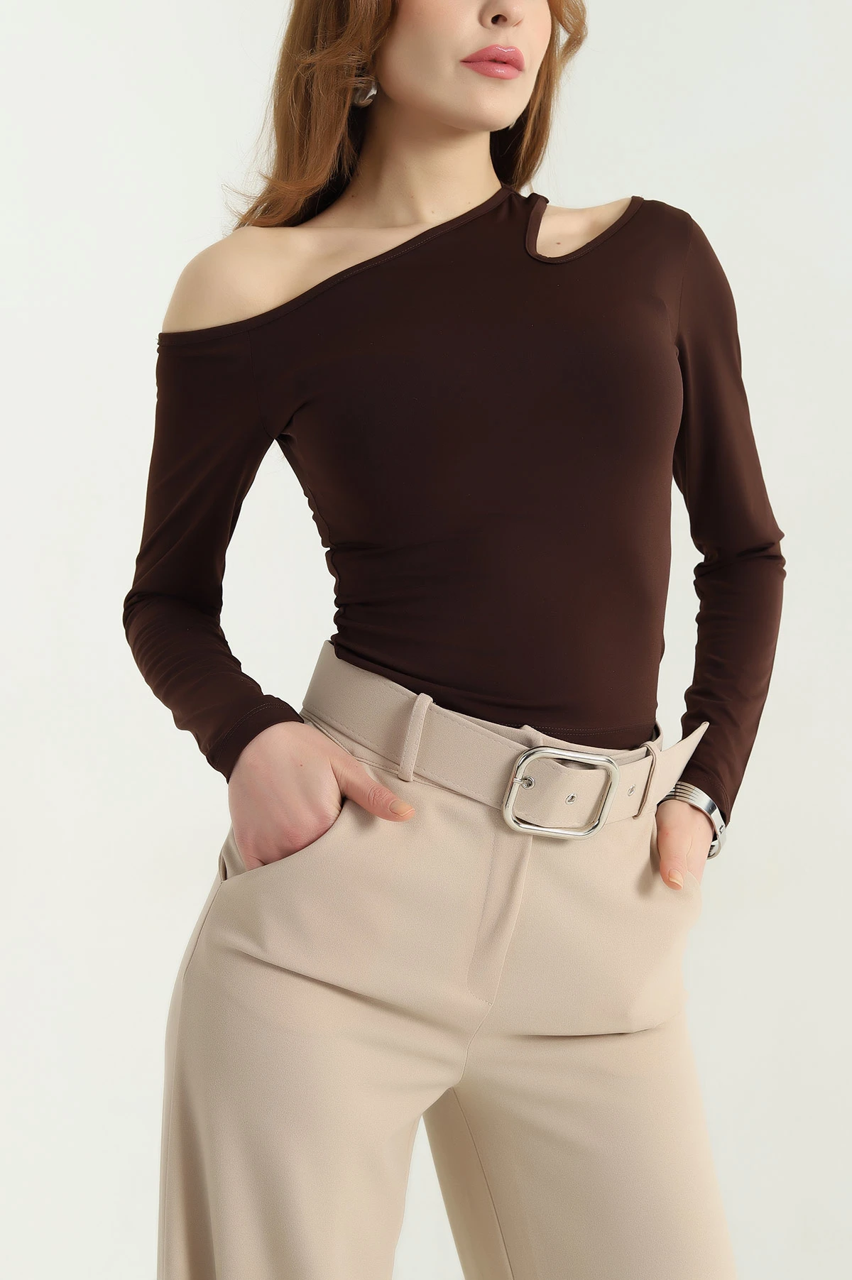 Kahverengi Sandy Kumaş Damla Detay Bluz 337993