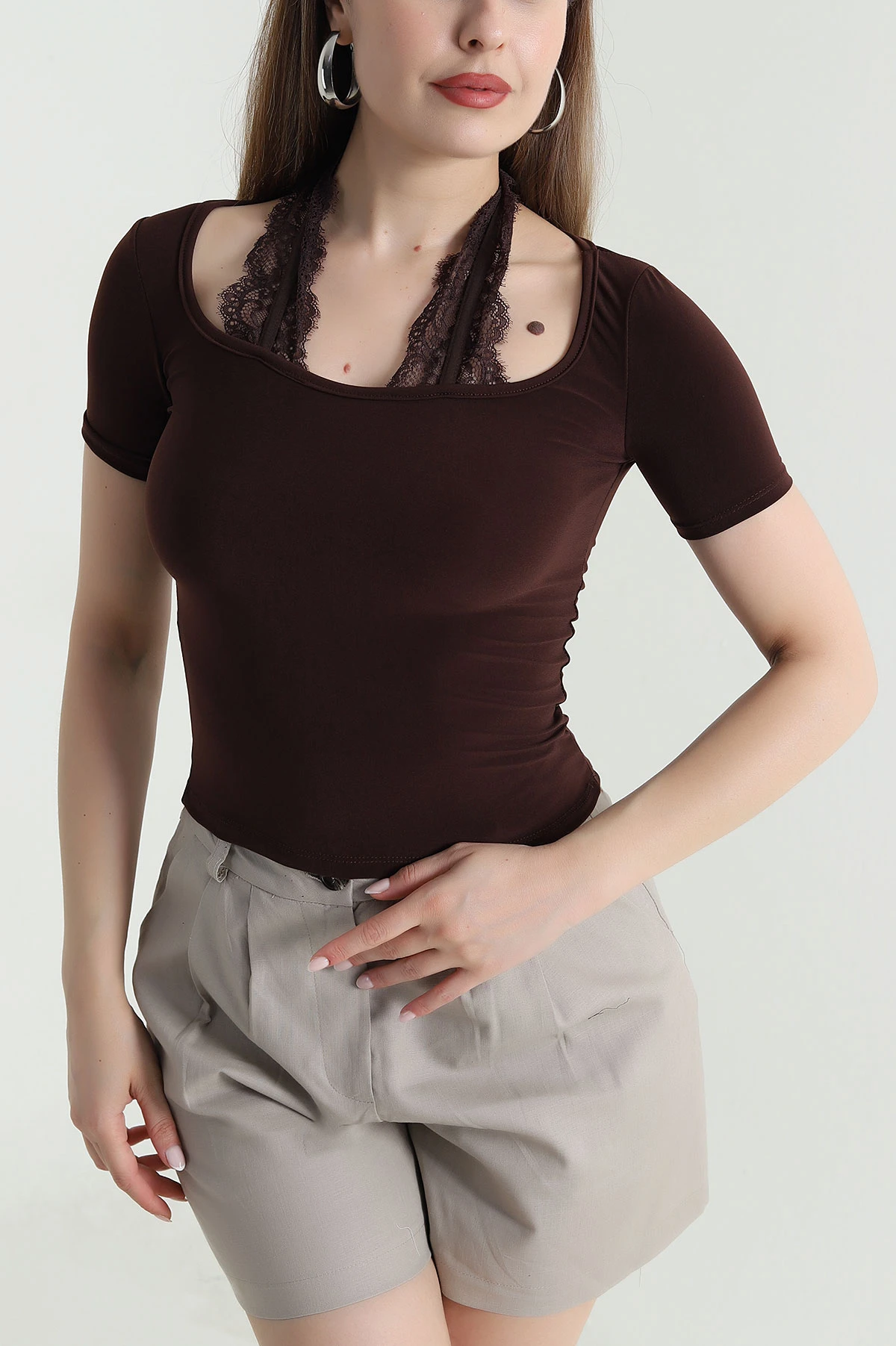 Kahverengi Sandy Kumaş Kadın Bluz 471328