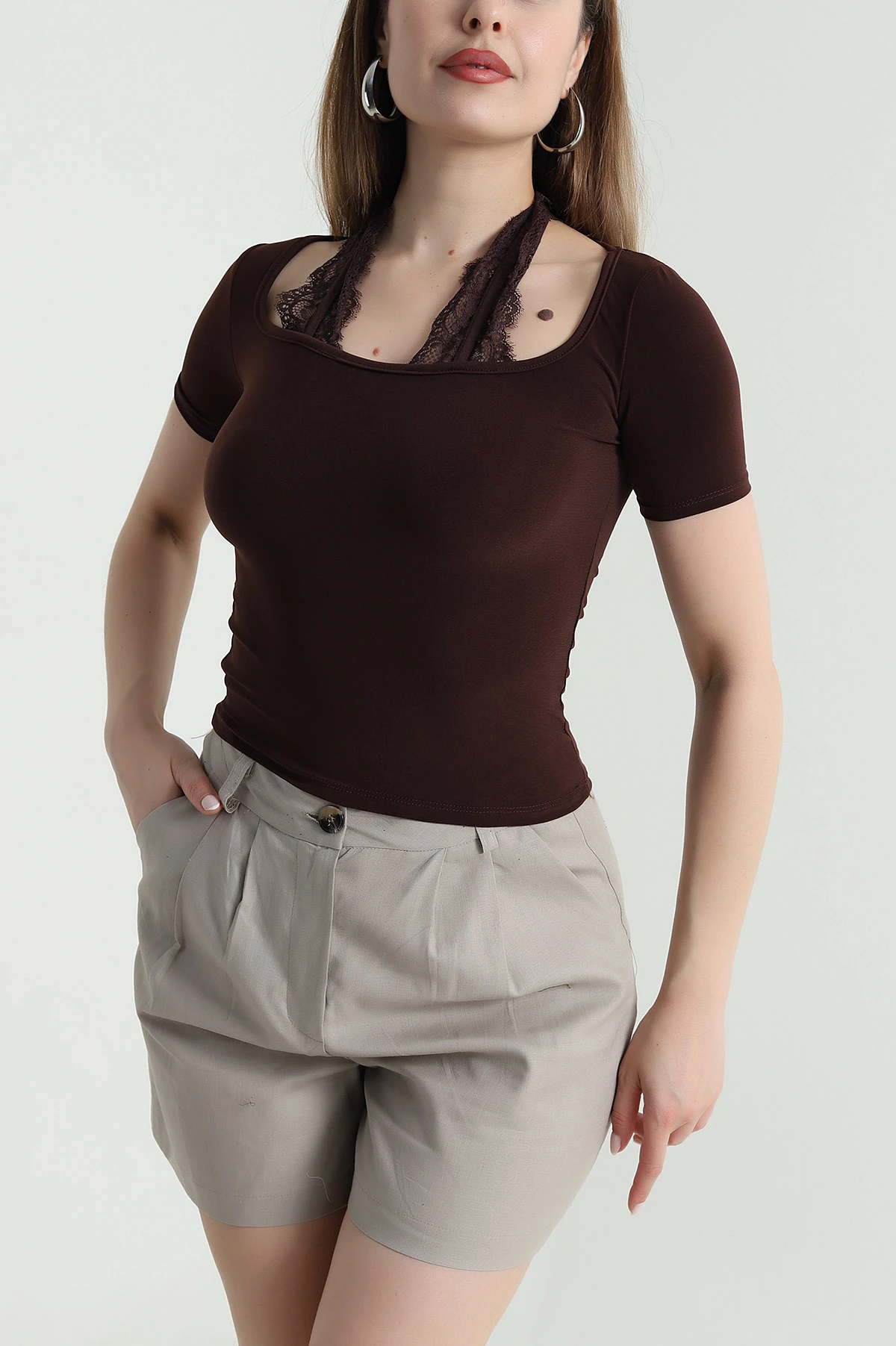Kahverengi Sandy Kumaş Kadın Bluz 471328