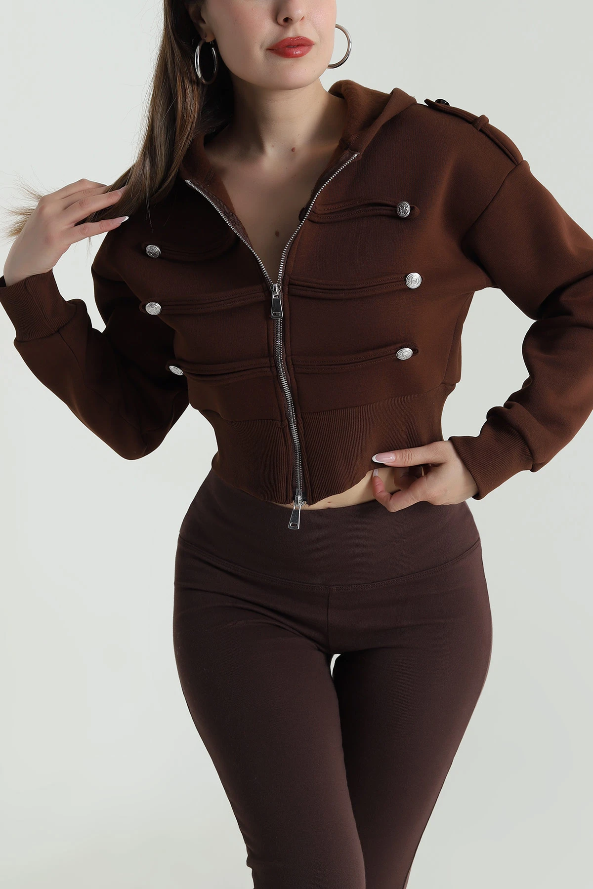 Kahverengi Şardonlu Apoletli Düğme Detay Sweat 489480