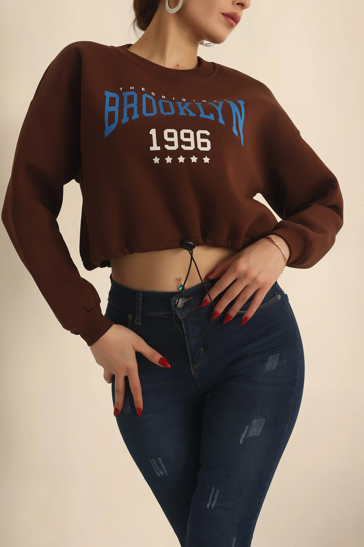 Kahverengi Şardonlu Baskılı Bayan Sweat 228856