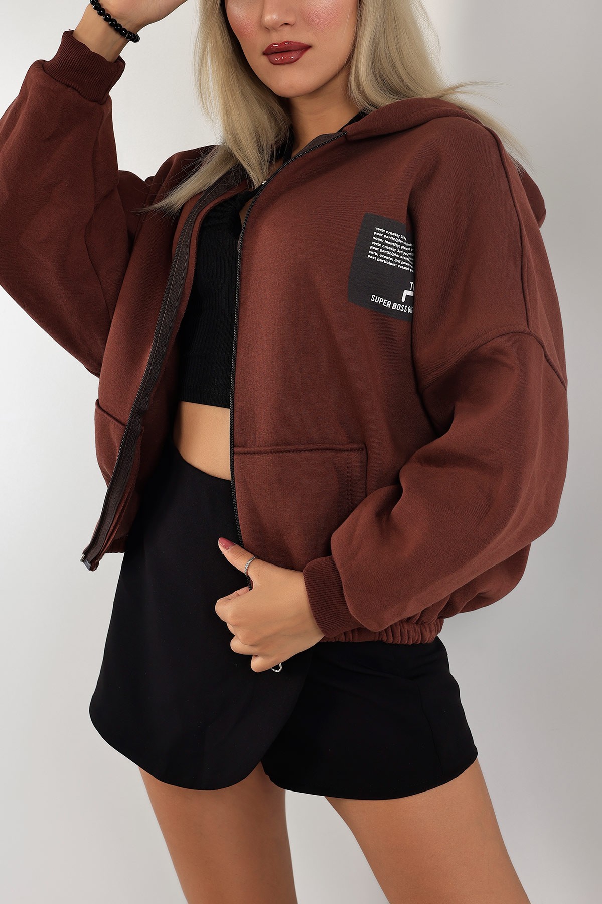 Kahverengi Şardonlu Bayan Fermuarlı Sweat 132389
