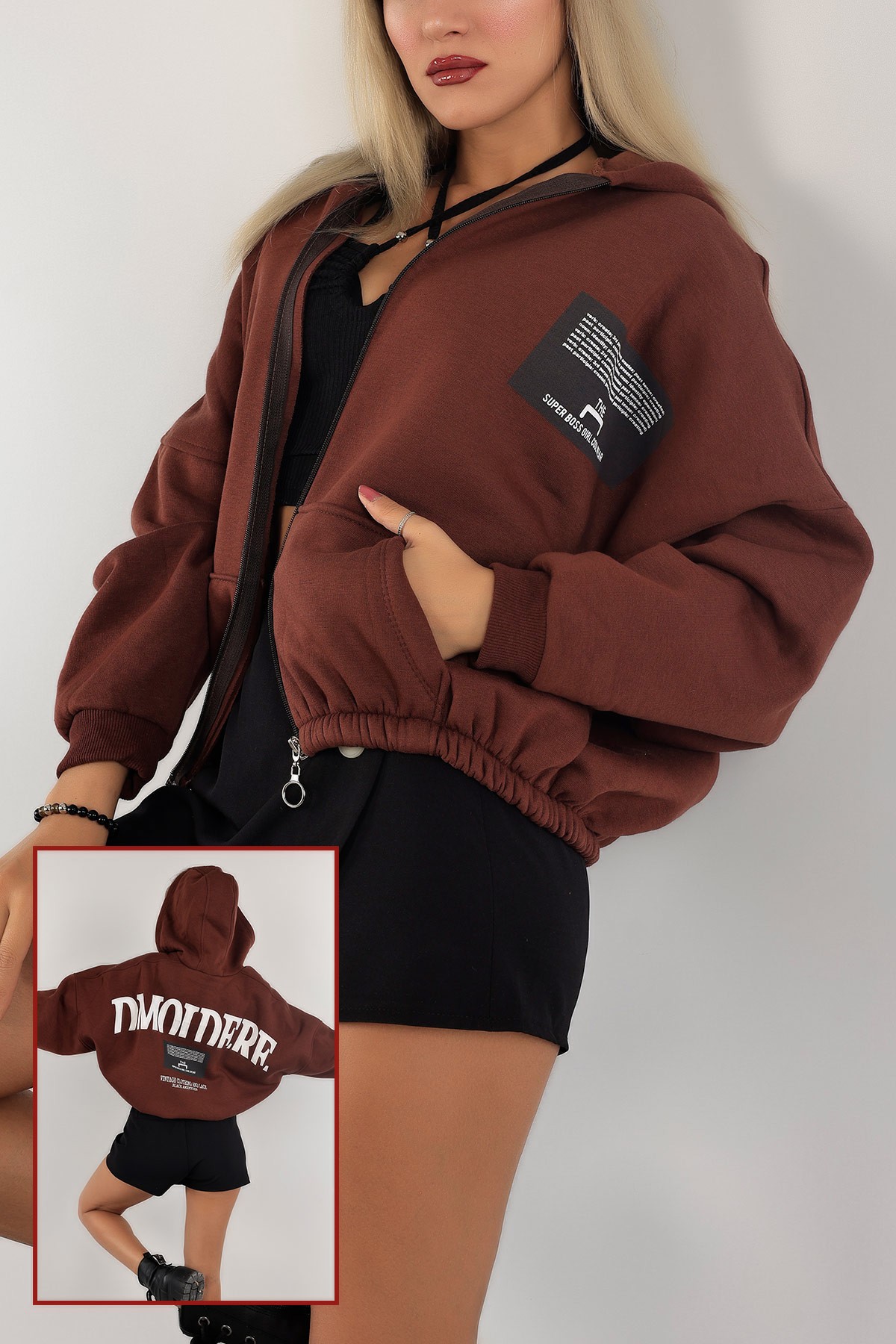 Kahverengi Şardonlu Bayan Fermuarlı Sweat 132389