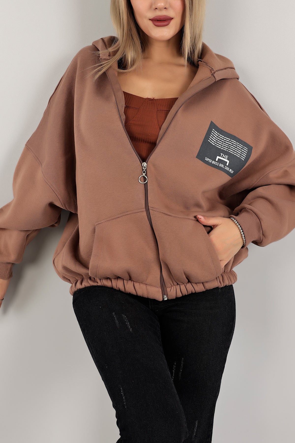 Kahverengi Şardonlu Bayan Fermuarlı Sweat 143469