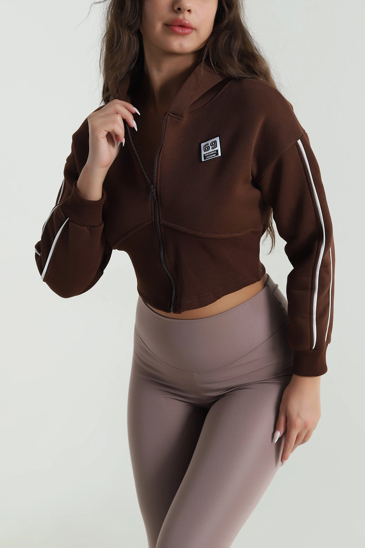 Kahverengi Şardonlu Crop Kadın Sweat 489186