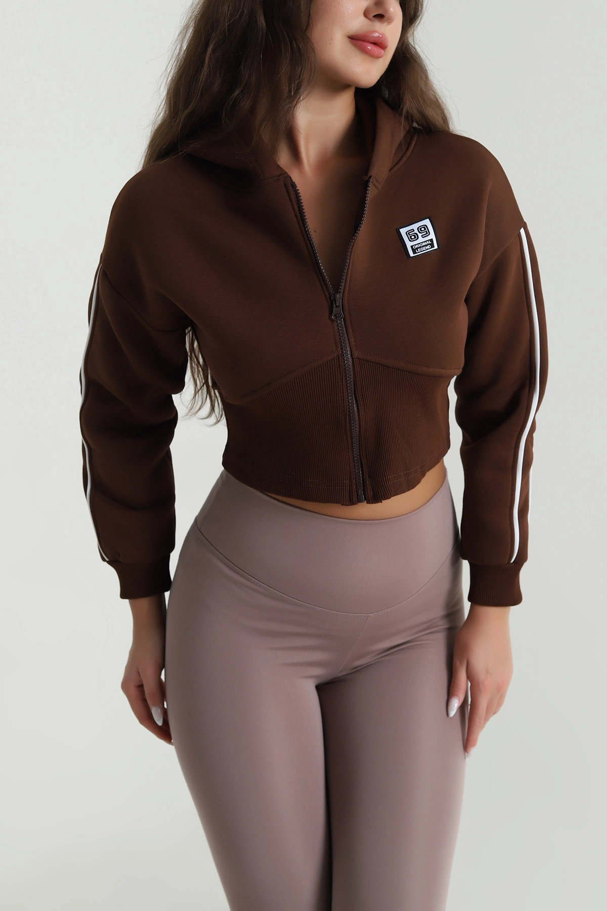 Kahverengi Şardonlu Crop Kadın Sweat 489186