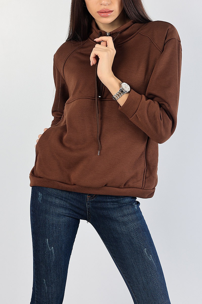 Kahverengi Şardonlu Kanguru Cepli Sweat 83354