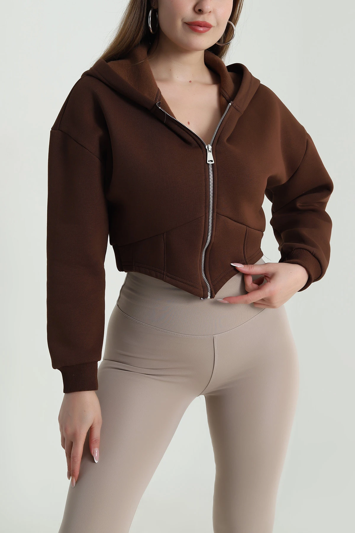 Kahverengi Şardonlu Korse Dikişli Kadın Sweat 489465