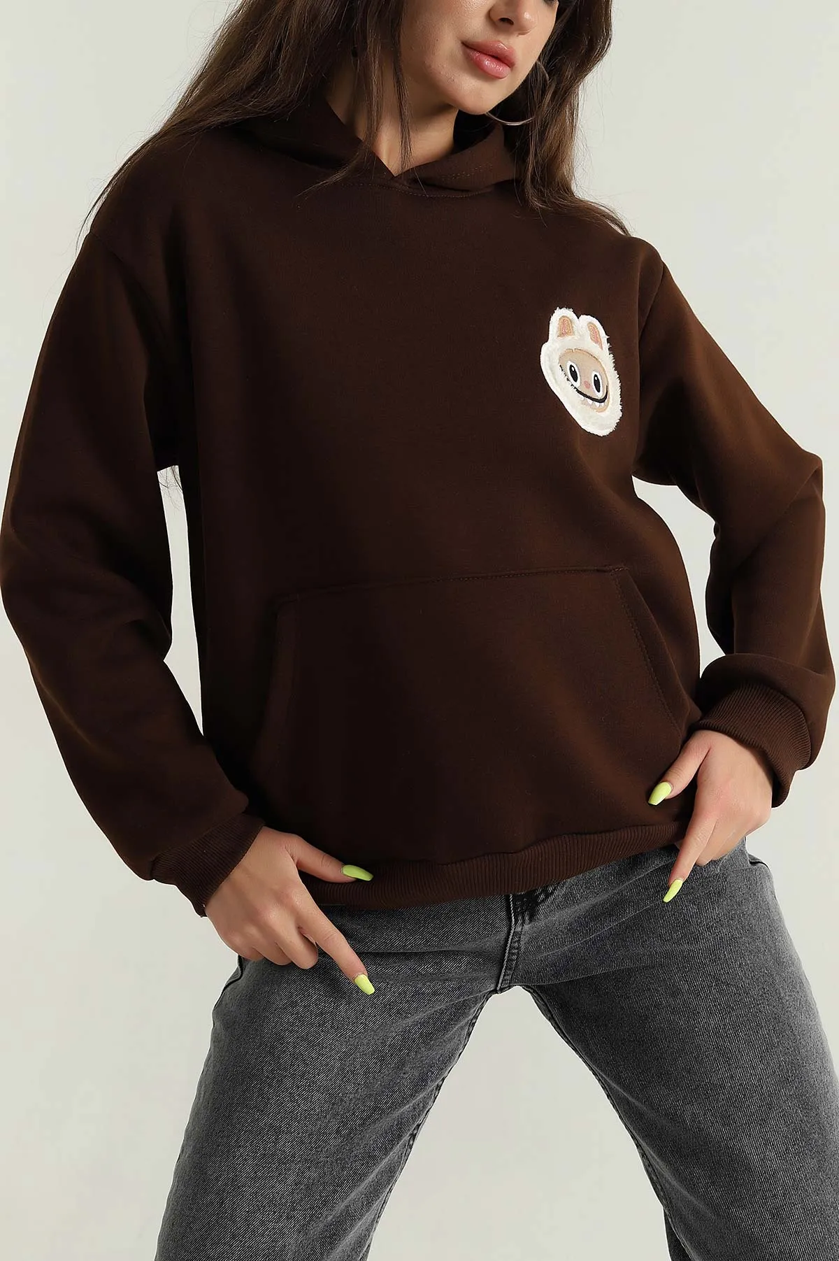 Kahverengi Şardonlu Nakışlı Üç İp Kadın Sweat 394810