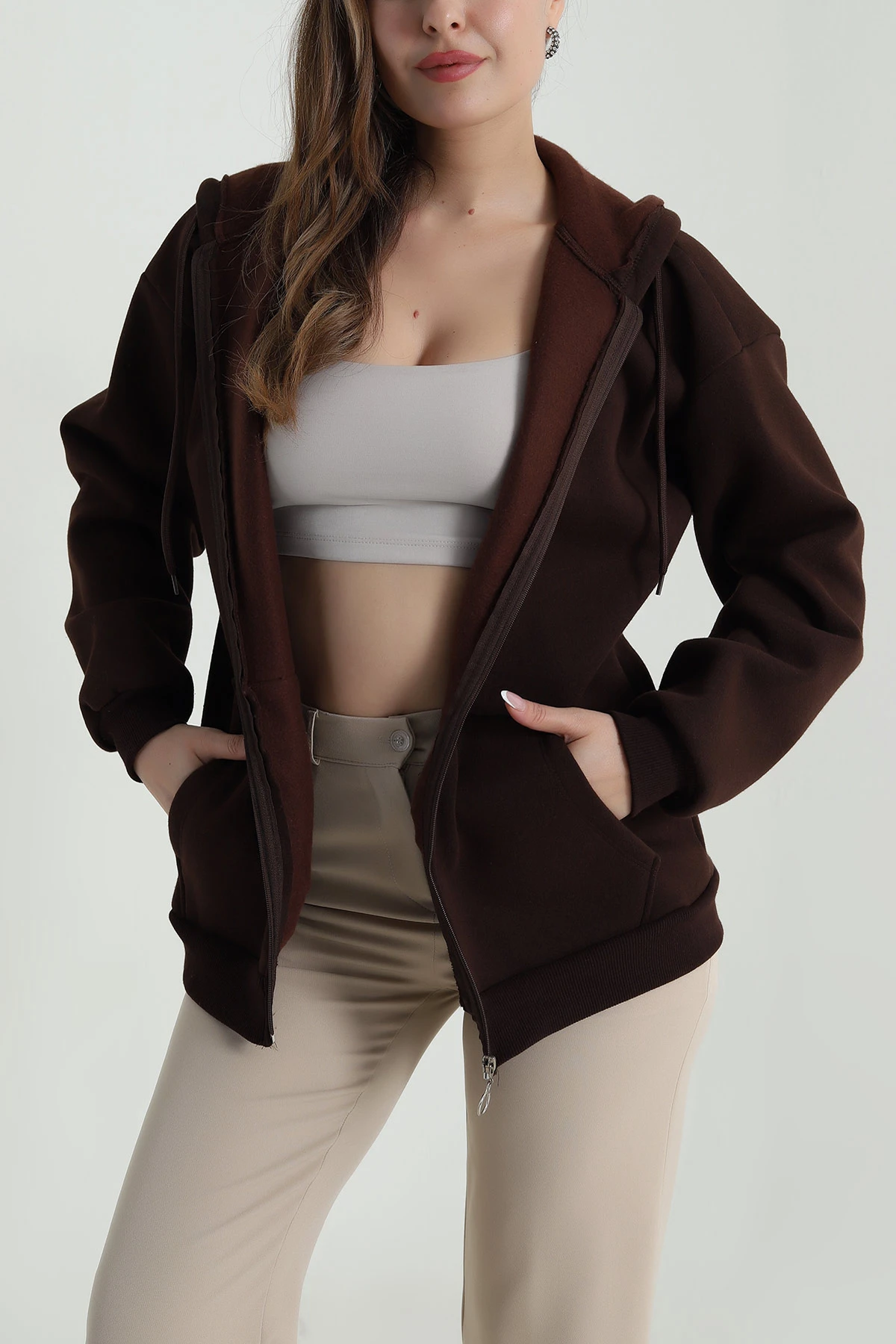 Kahverengi Şardonlu Üç İp Fermuarlı Kadın Sweat 488386