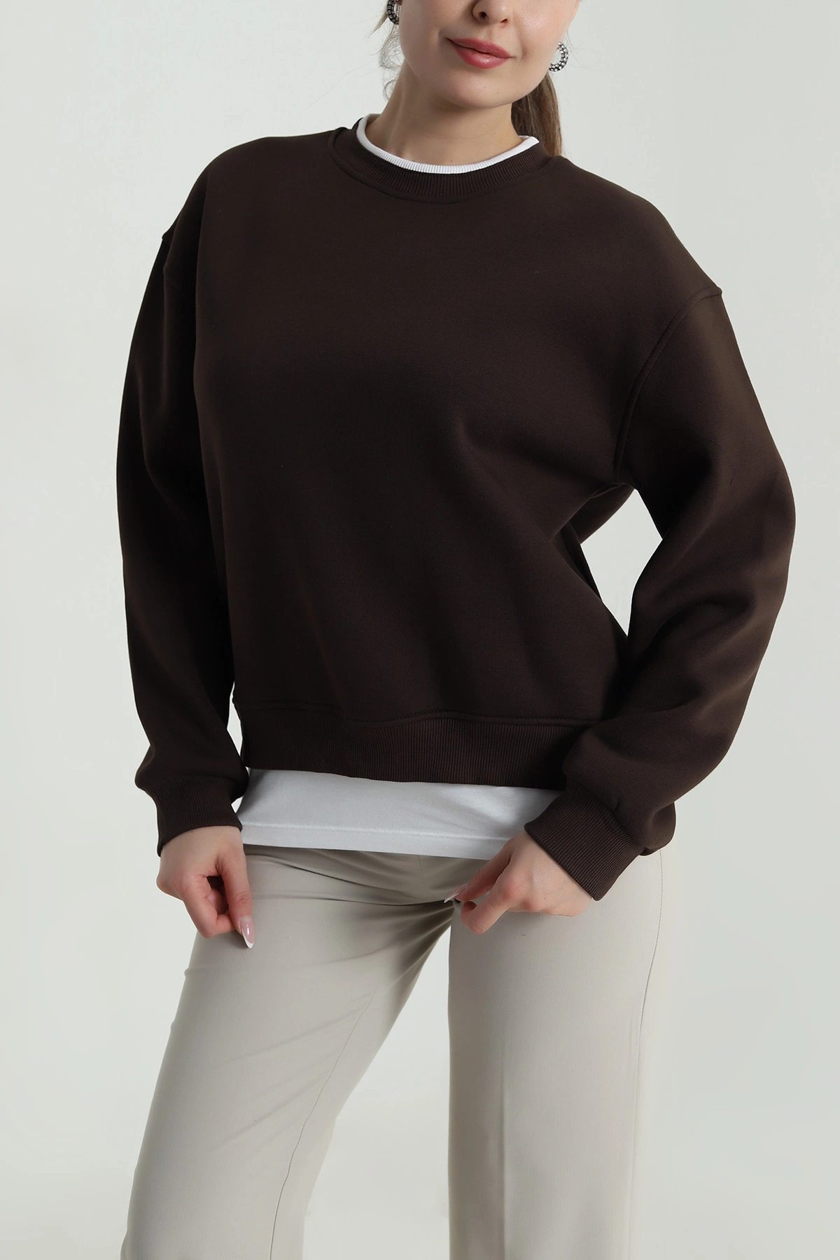 Kahverengi Şardonlu Üç İp Garnili Kadın Fermuarsız Sweat 488607