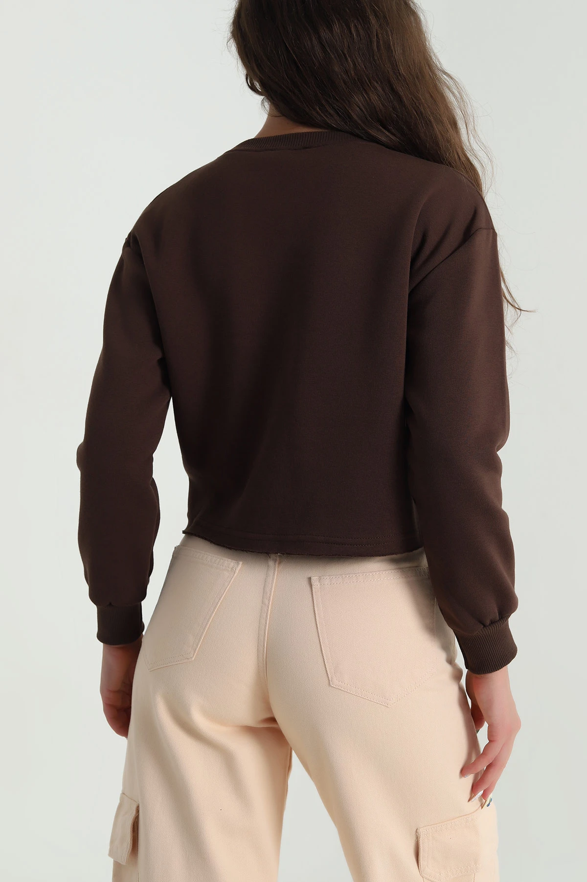 Kahverengi Şardonlu Üç İp Kadın Crop Sweat 484588
