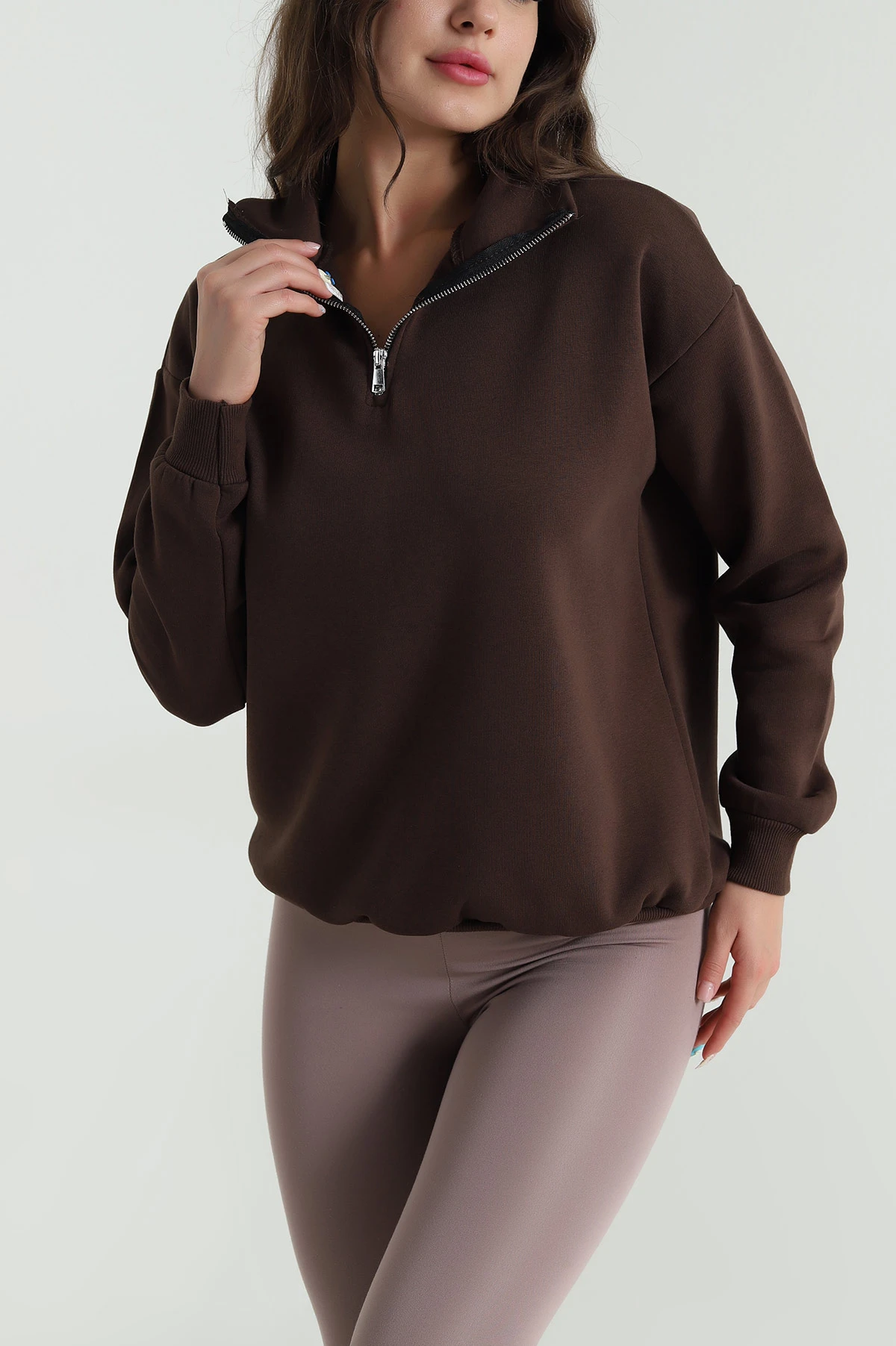 Kahverengi Şardonlu Üç İp Kadın Sweat 484594