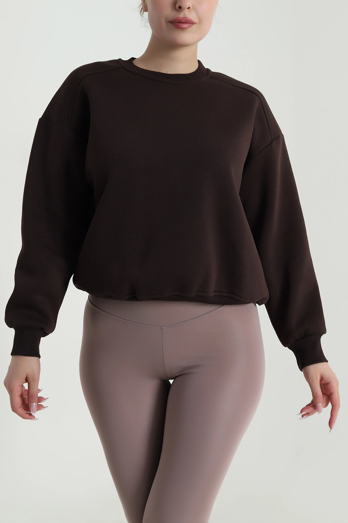 Kahverengi Şardonlu Üç İp Kadın Sweat 485102