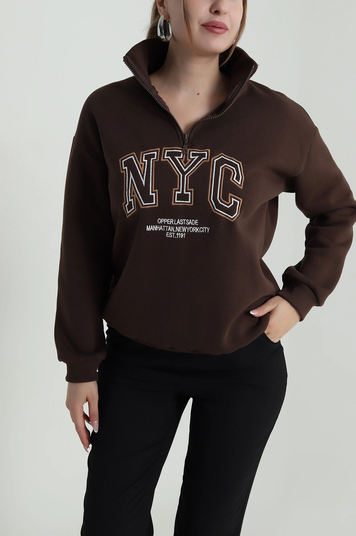 Kahverengi Şardonlu Üç İp Kadın Sweat 487148