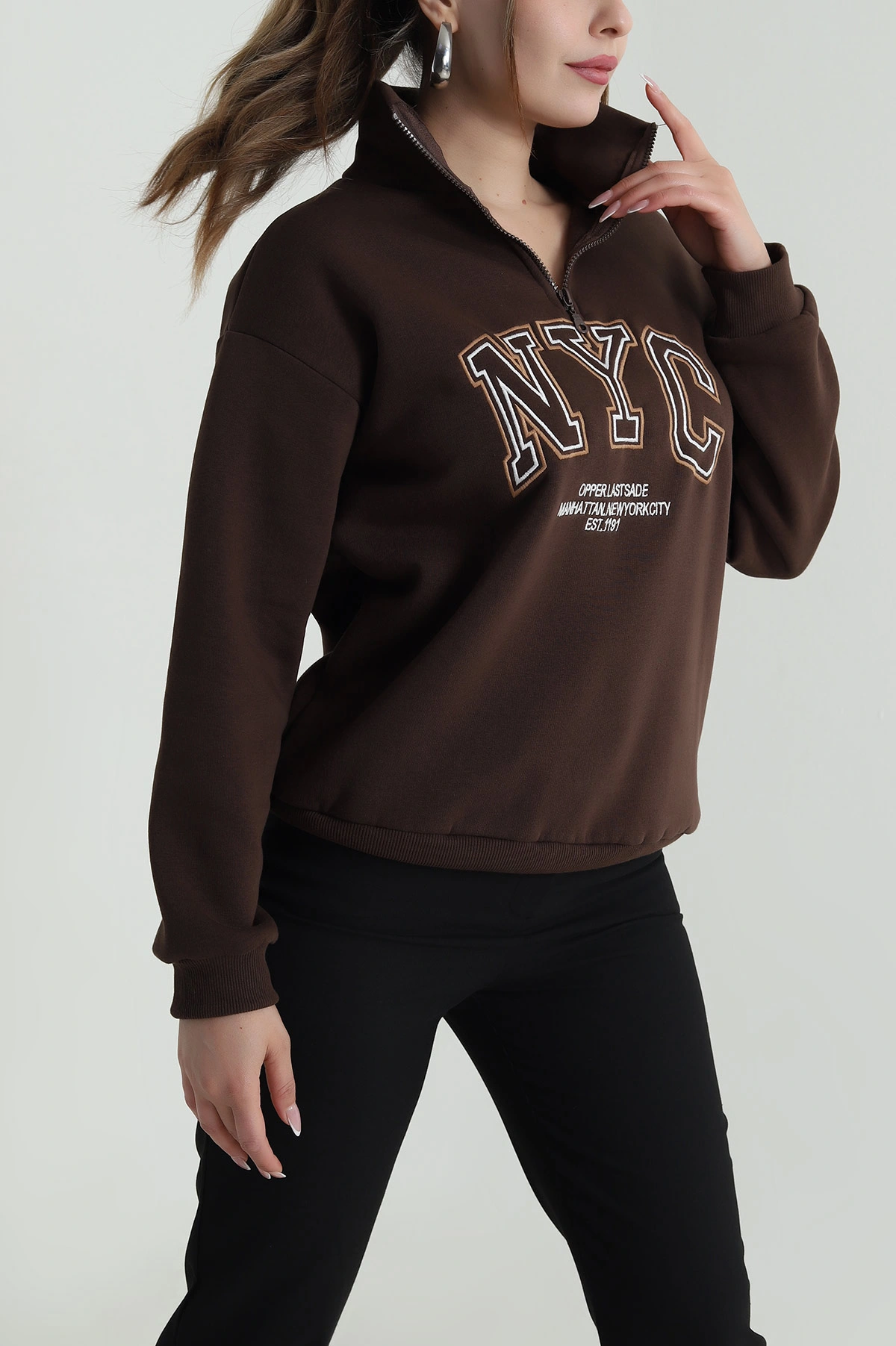 Kahverengi Şardonlu Üç İp Kadın Sweat 487148