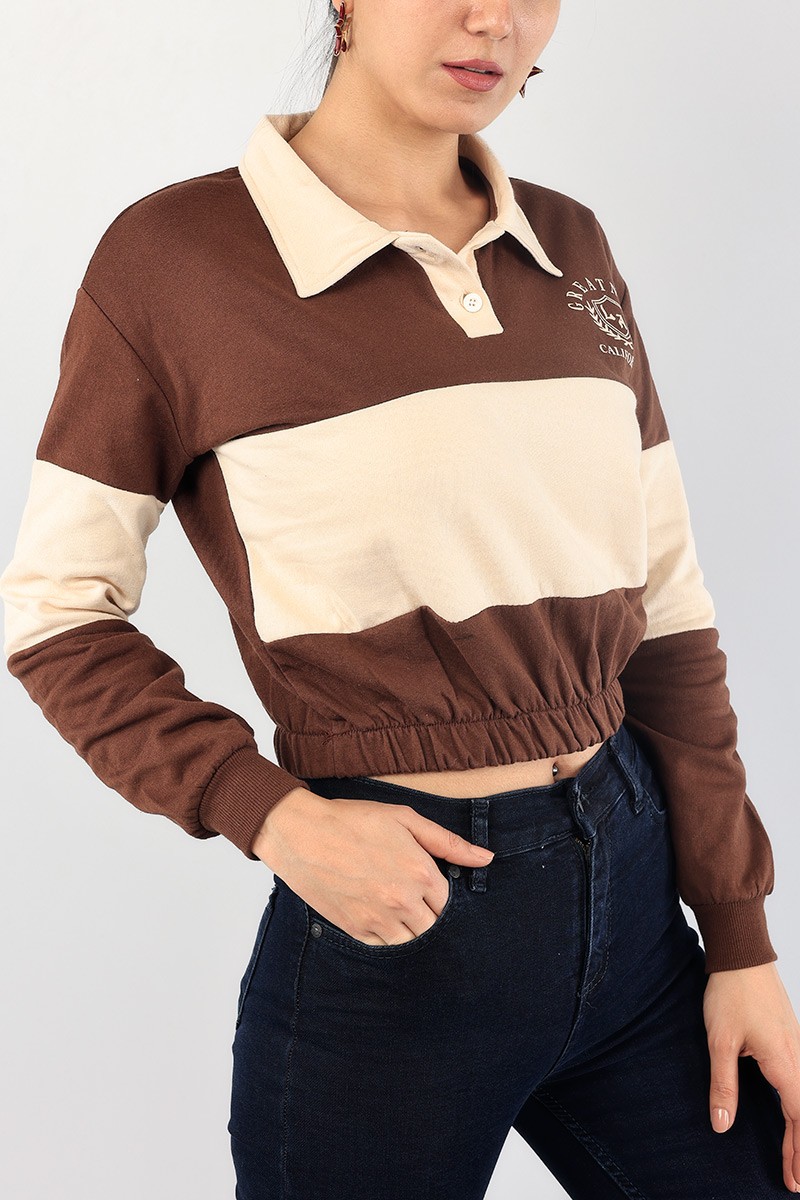 Kahverengi Şardonlu Yakalı Bayan Sweat 88831