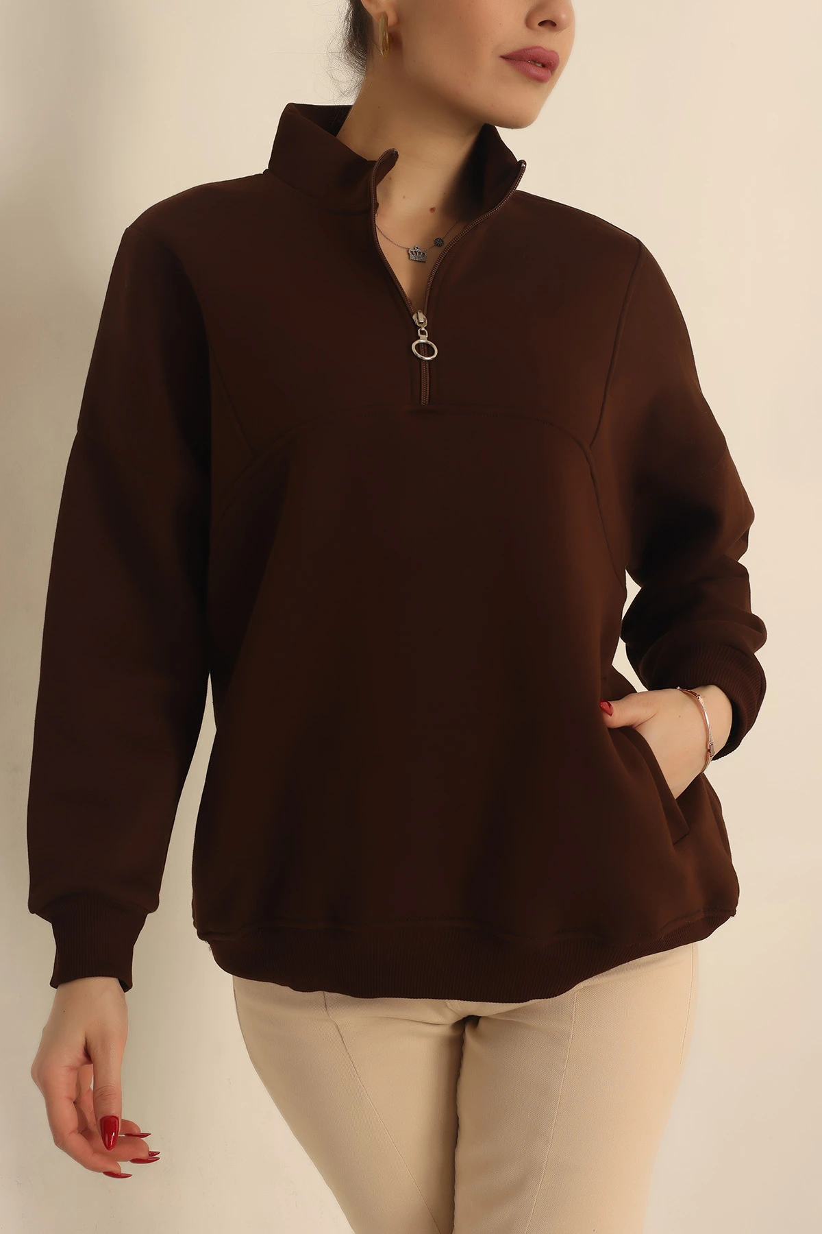 Kahverengi Şardonlu Yarım Fermuar Oversize Sweat 229542