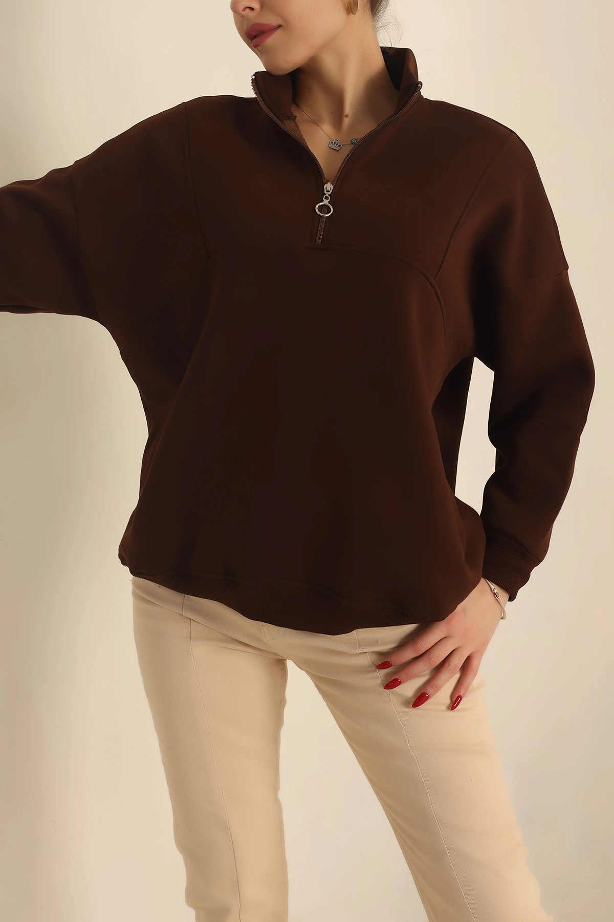 Kahverengi Şardonlu Yarım Fermuar Oversize Sweat 229542