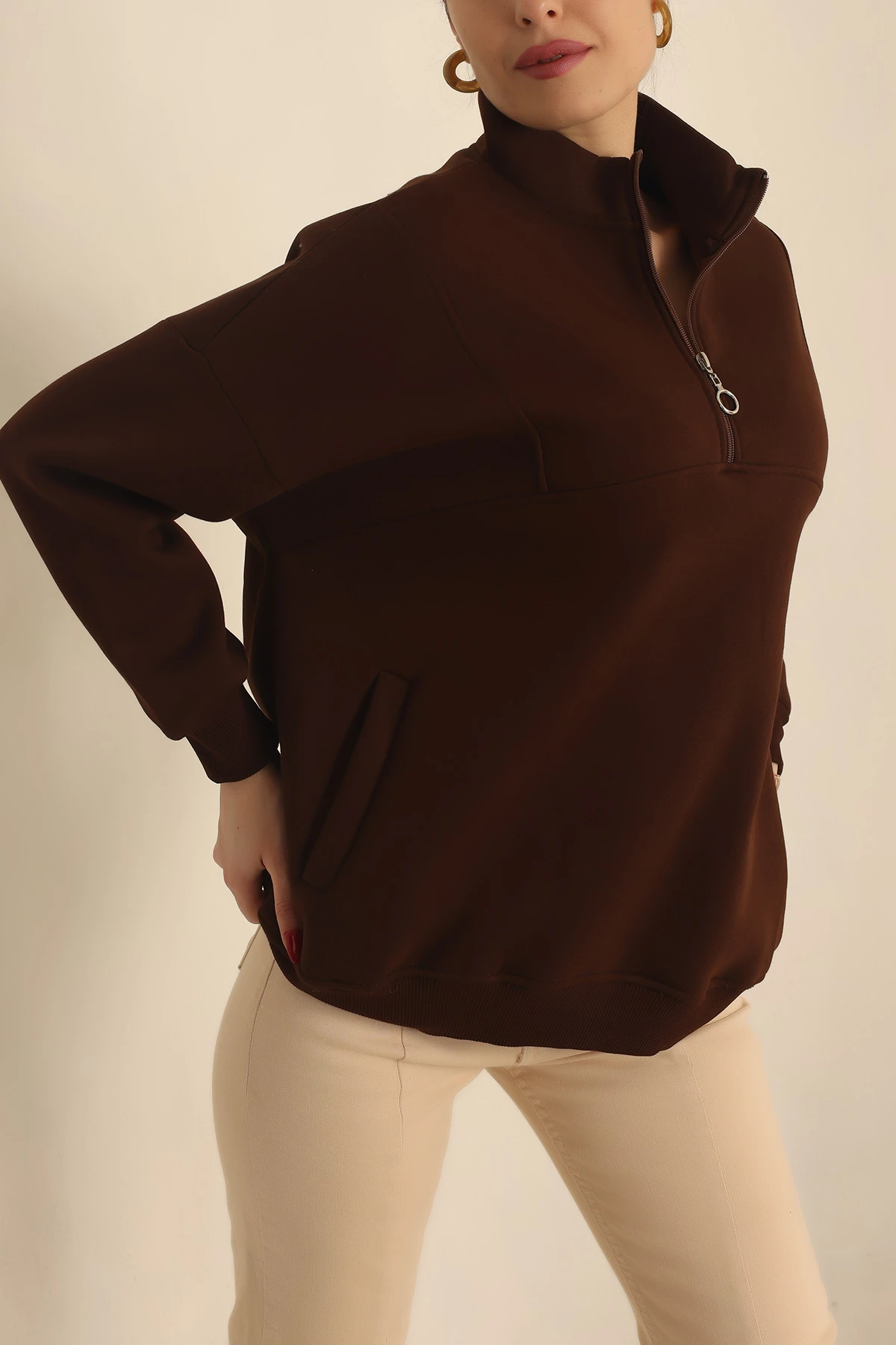 Kahverengi Şardonlu Yarım Fermuar Oversize Sweat 229542