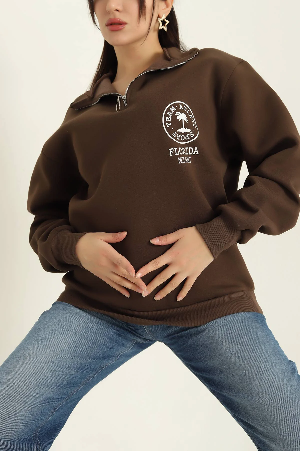Kahverengi Şardonlu Yarım Fermuarlı Bayan Sweat 326427