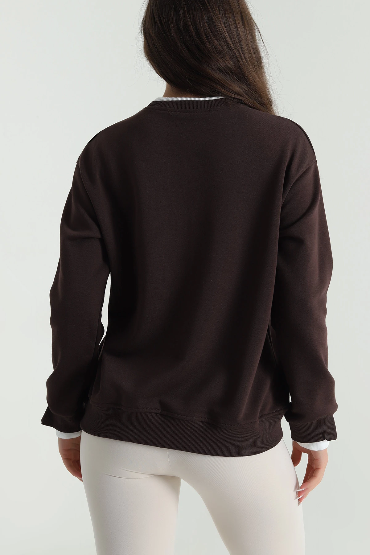 Kahverengi Şardonsuz Üç İp Nakışlı Kadın Sweat 489977
