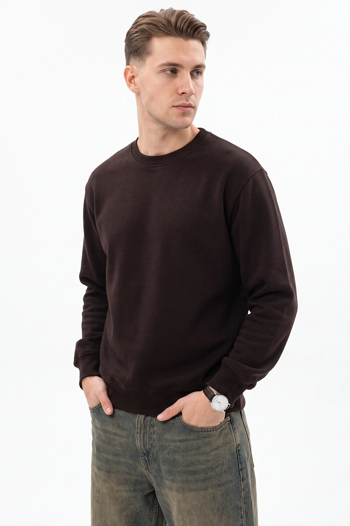 Kahverengi Selanik Bisiklet Yaka Uzun Kol Erkek Sweatshirt 494510