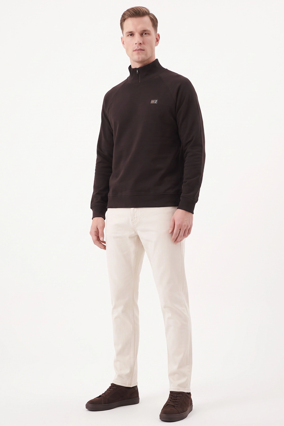 Kahverengi Selanik Yarım Fermuarlı Boğazlı Erkek Sweat 497734
