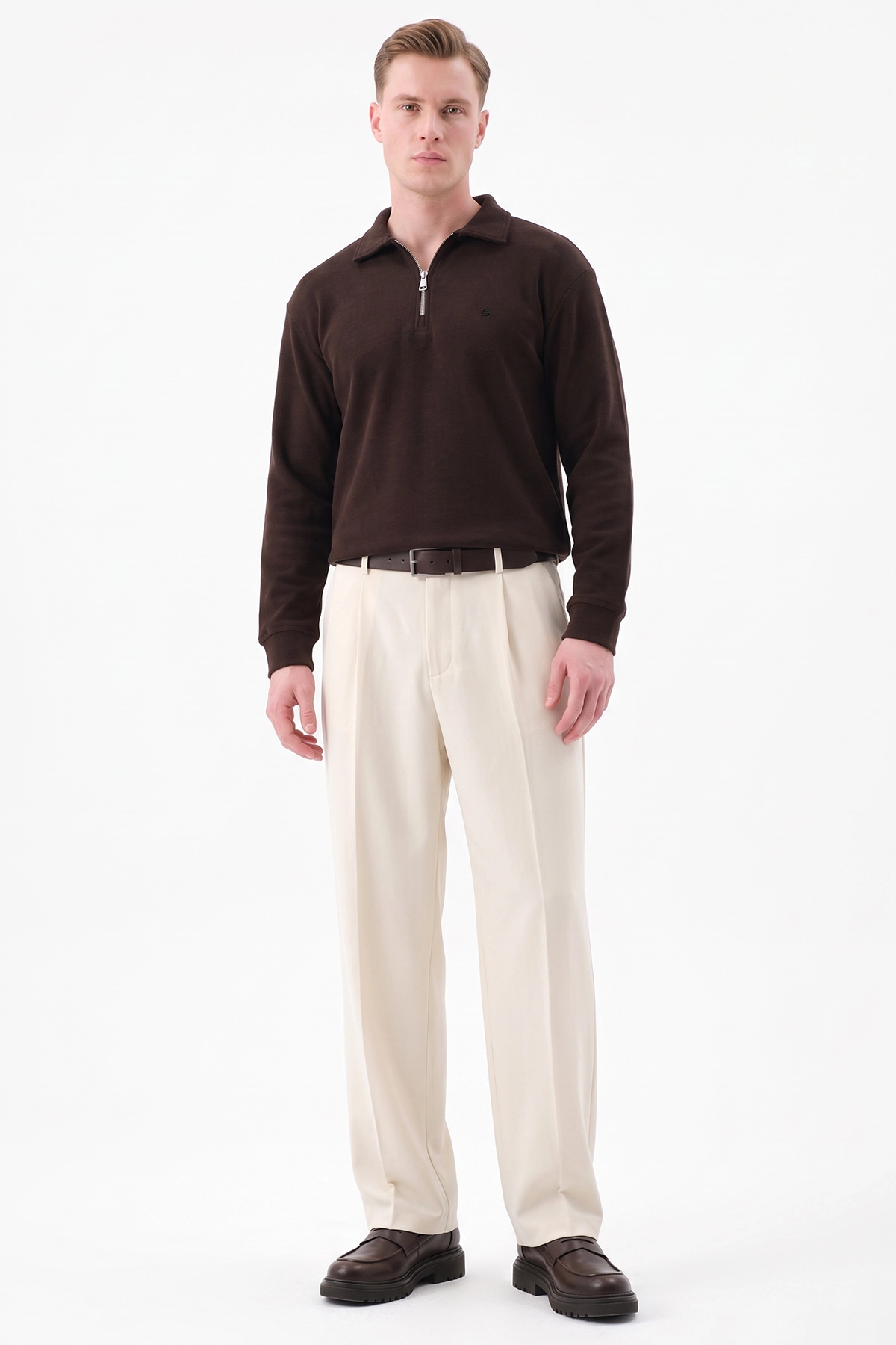 Kahverengi Selanik Yarım Fermuarlı Polo Yaka Erkek Sweatshirt 494486