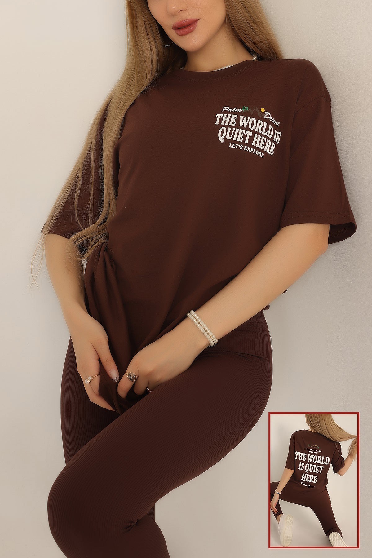 Kahverengi Sırt Baskılı Oversize Tişört 186537