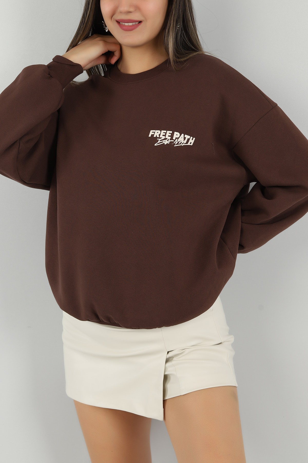 Kahverengi Sırtı Baskı Şardonlu Sweat 144430