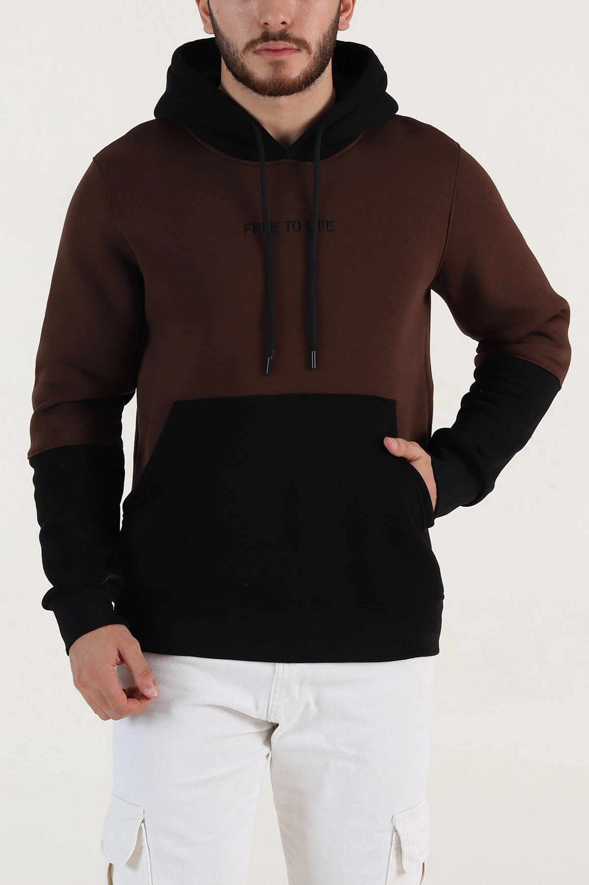 Kahverengi Siyah Üç İp Şardonlu Kapüşonlu Yazı Detaylı Erkek Sweatshirt 396152