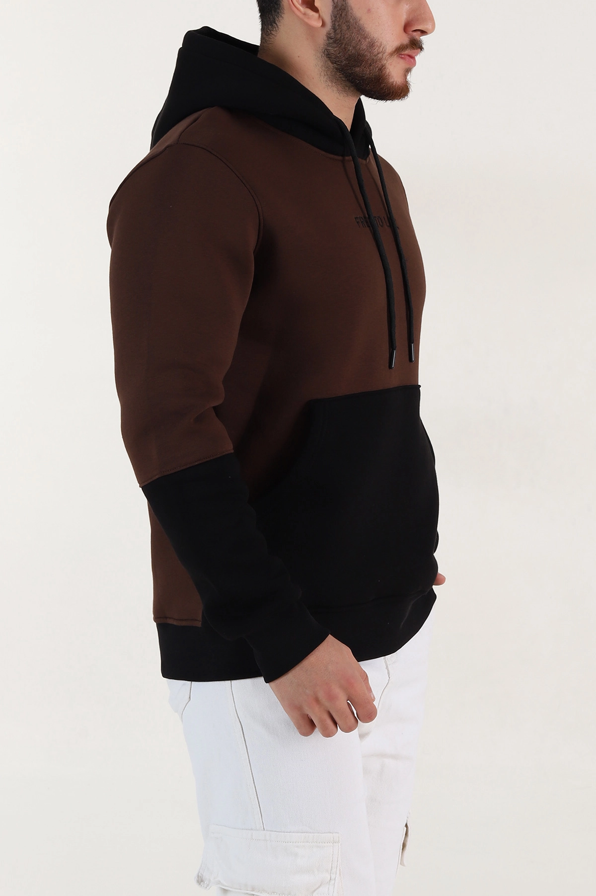 Kahverengi Siyah Üç İp Şardonlu Kapüşonlu Yazı Detaylı Erkek Sweatshirt 396152