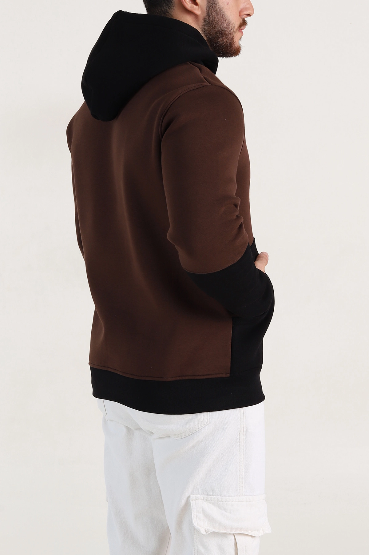 Kahverengi Siyah Üç İp Şardonlu Kapüşonlu Yazı Detaylı Erkek Sweatshirt 396152