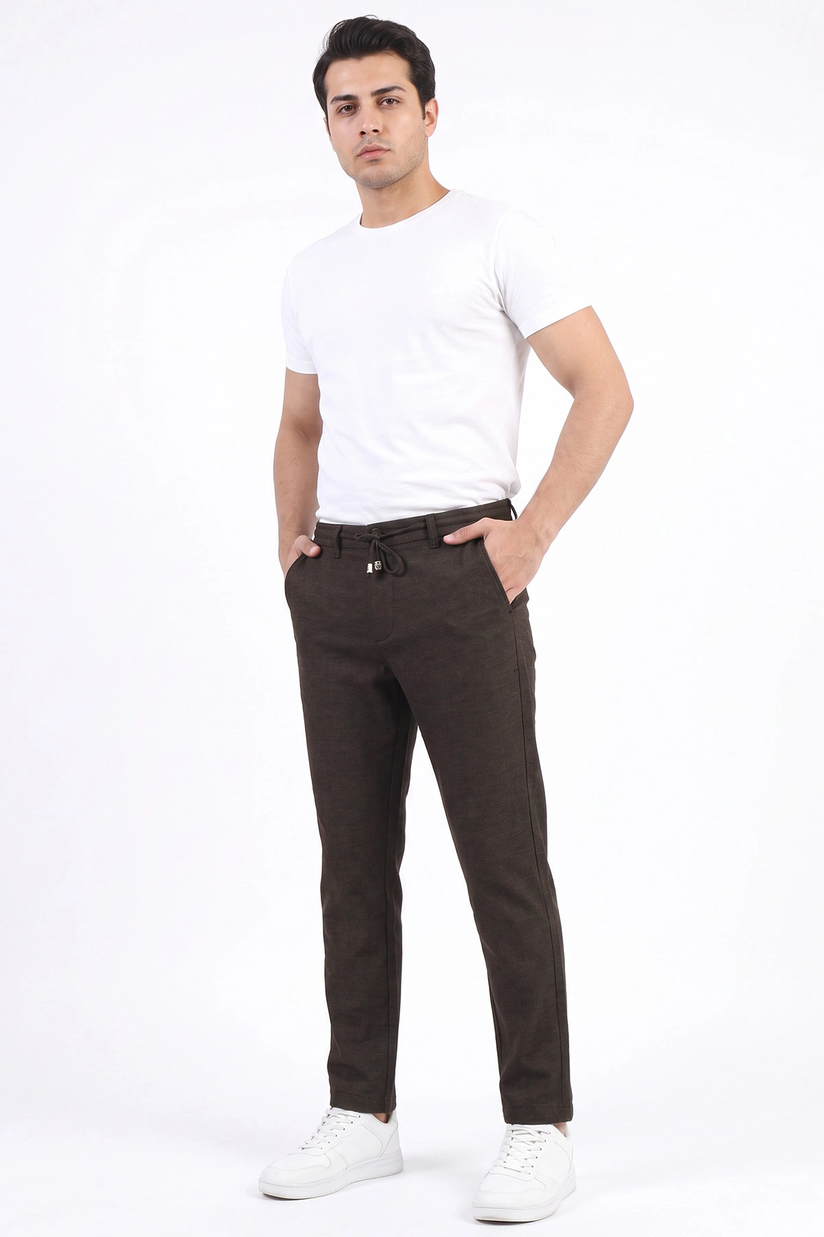 Kahverengi Slim Fit Belden Bağlamalı Erkek Pantolon 493149