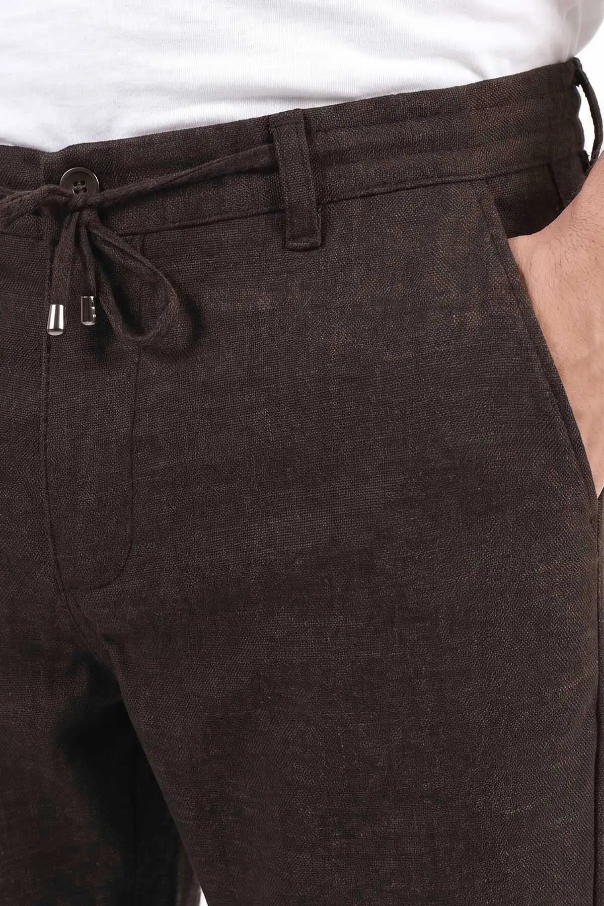 Kahverengi Slim Fit Belden Bağlamalı Erkek Pantolon 493149