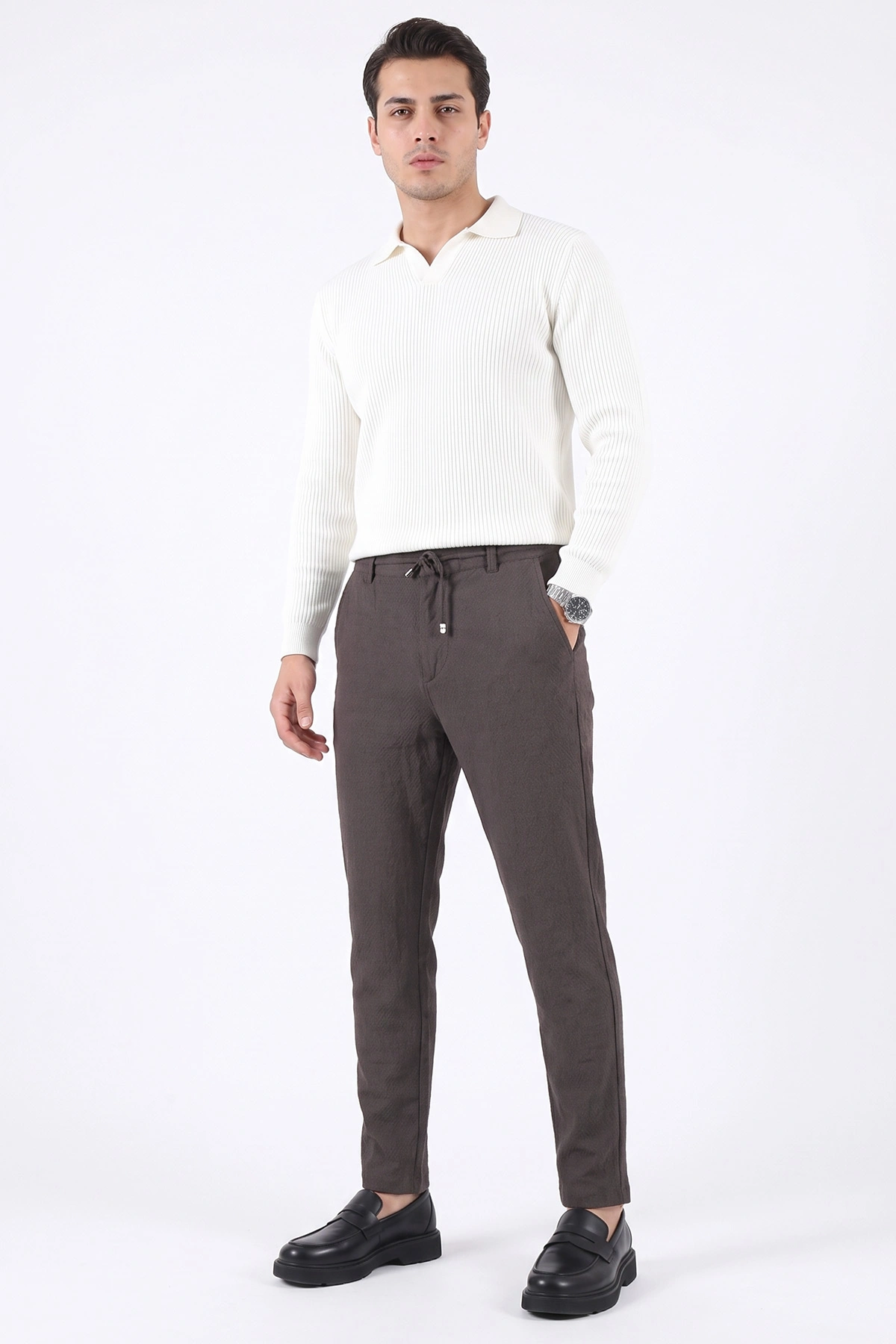 Kahverengi Slim Fit Belden Bağlamalı Erkek Pantolon 493198